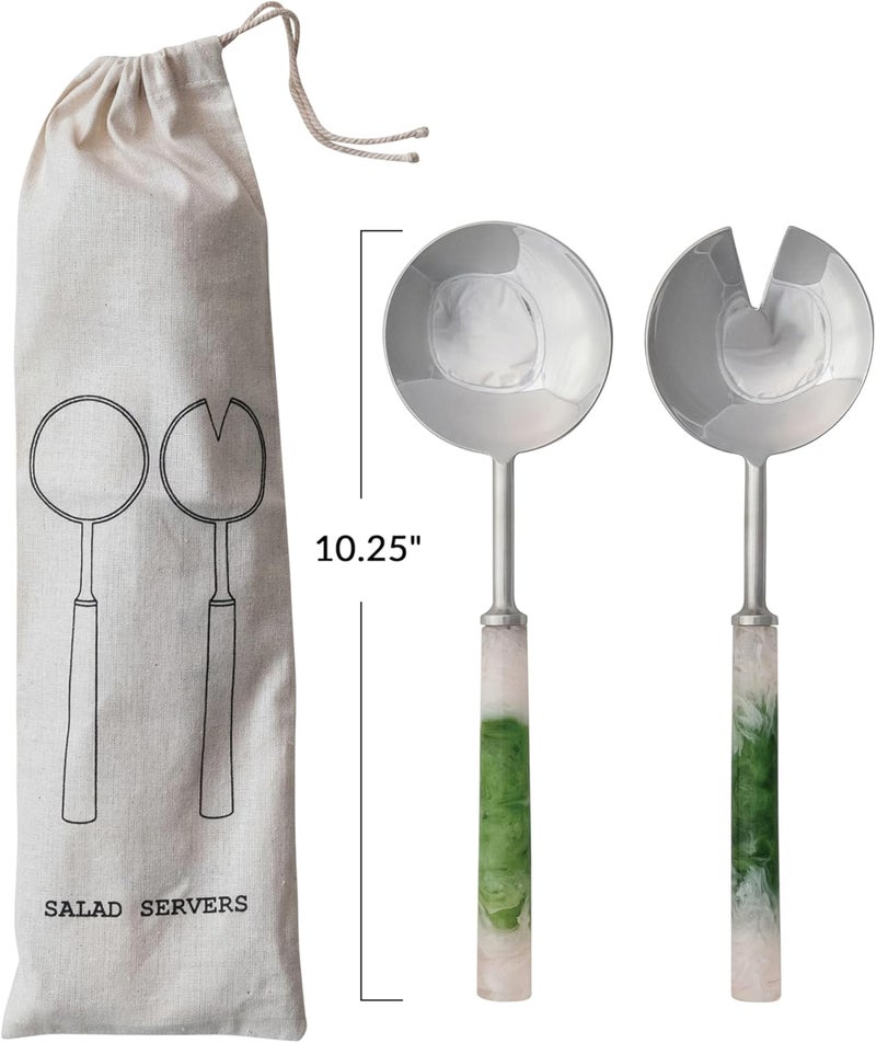 Creative CoOp 2Piece Stainless Steel Salad Servers Green and White - Image 2