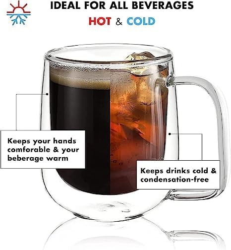 DARKZONE Glass Coffee Mugs Set of 2Double Wall Insulated Mug Set with HandleClear Glass Espresso Mugs for LatteCappuccinoTea BagHot and Cold Beverages250ml - Image 3