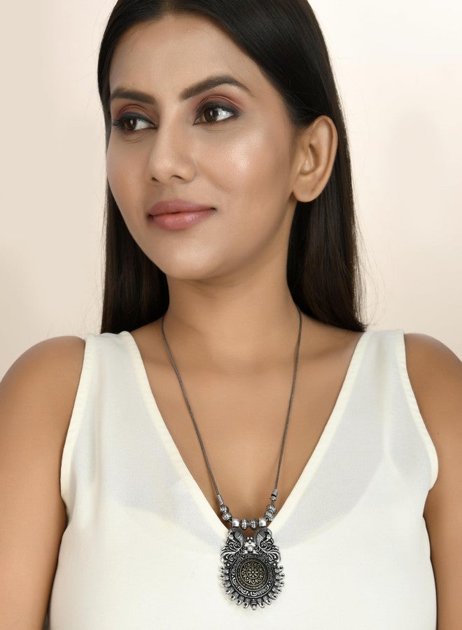 Naman Arts Oxidised Dual Tone Tribal Mandala Pendant Necklace for Women | Antique Gold Floral Centre | Pure Brass Lightweight Ethnic Boho Chain Necklace - Image 2