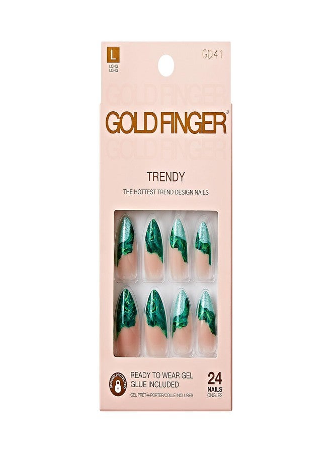 GoldFinger Trendy False Nails Kit, Long Almond Design Nail, Nature Inspired Refreshing Elegant Marble Green Print, Ready to Wear Gel & Manicure Stick included, Long-Lasting Convenient & Easy to Apply - Image 1