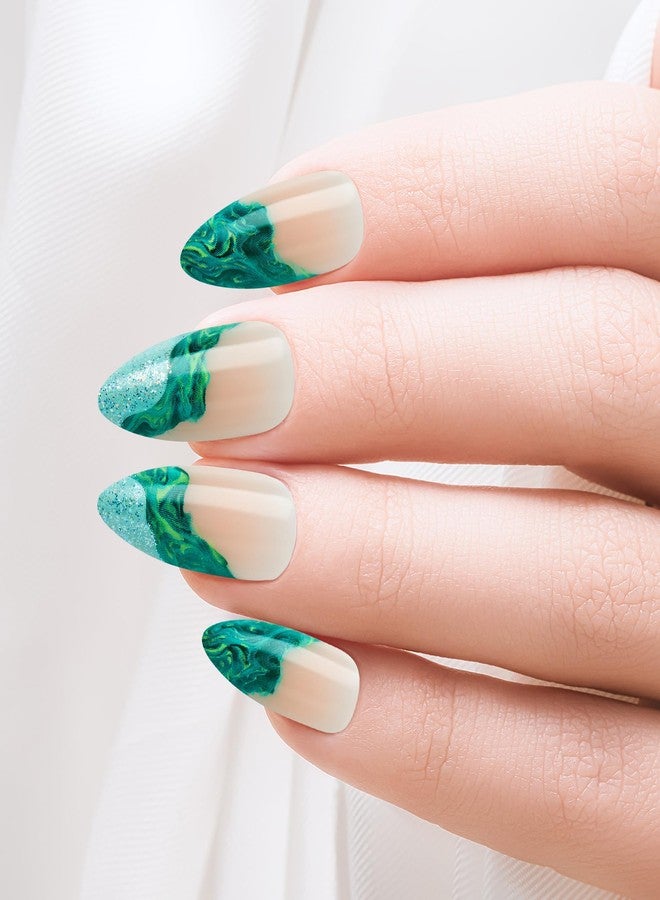 GoldFinger Trendy False Nails Kit, Long Almond Design Nail, Nature Inspired Refreshing Elegant Marble Green Print, Ready to Wear Gel & Manicure Stick included, Long-Lasting Convenient & Easy to Apply - Image 2