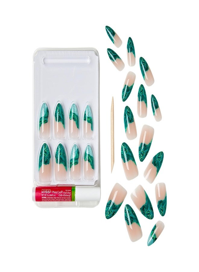 GoldFinger Trendy False Nails Kit, Long Almond Design Nail, Nature Inspired Refreshing Elegant Marble Green Print, Ready to Wear Gel & Manicure Stick included, Long-Lasting Convenient & Easy to Apply - Image 4