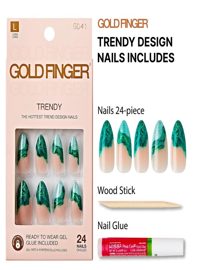 GoldFinger Trendy False Nails Kit, Long Almond Design Nail, Nature Inspired Refreshing Elegant Marble Green Print, Ready to Wear Gel & Manicure Stick included, Long-Lasting Convenient & Easy to Apply - Image 3