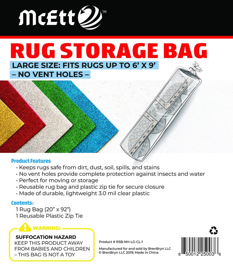 McEtt Rug Storage Bag and Zip Tie - NO Vent Holes - Heavy Duty - Large Size Fits Rugs up to 6'x9' - Protects Rolled Rugs for Moving or Storage