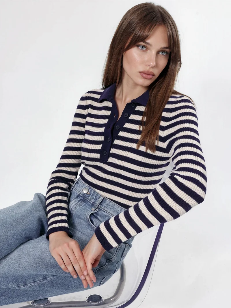 Hiccup Striped Ribbed Button Polo Sweater
