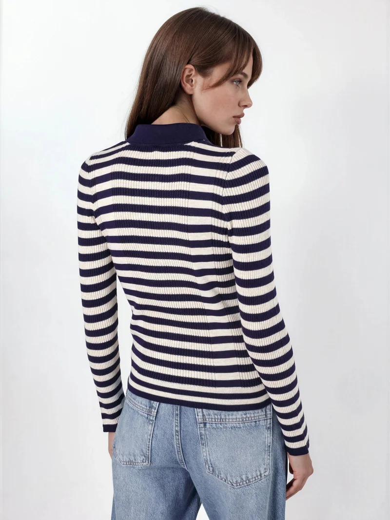 Hiccup Striped Ribbed Button Polo Sweater