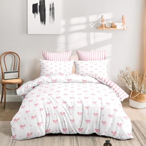 CCoutueChen Pink Bow Comforter Set Queen Size Cute Heart Bowknot Comforter Kids Boys Girls Princess Style Kawaii Bows Love Pattern Bedding Set 3 Pcs (1 Comforter, 2 Pillowcases) - Image 3
