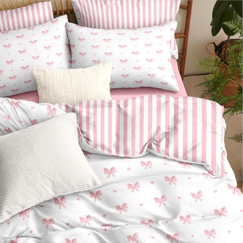 CCoutueChen Pink Bow Comforter Set Queen Size Cute Heart Bowknot Comforter Kids Boys Girls Princess Style Kawaii Bows Love Pattern Bedding Set 3 Pcs (1 Comforter, 2 Pillowcases) - Image 5