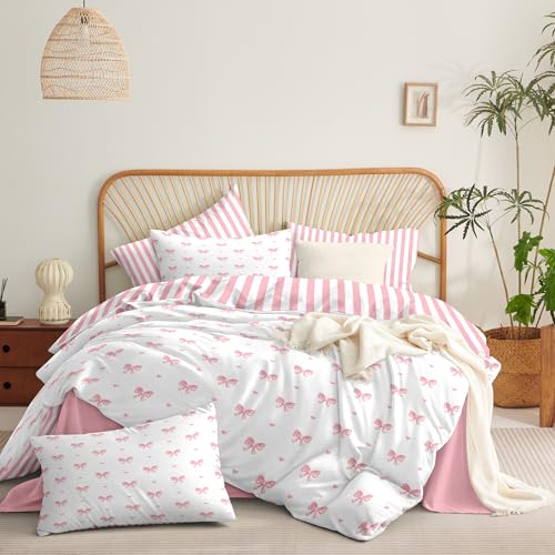 CCoutueChen Pink Bow Comforter Set Queen Size Cute Heart Bowknot Comforter Kids Boys Girls Princess Style Kawaii Bows Love Pattern Bedding Set 3 Pcs (1 Comforter, 2 Pillowcases) - Image 4