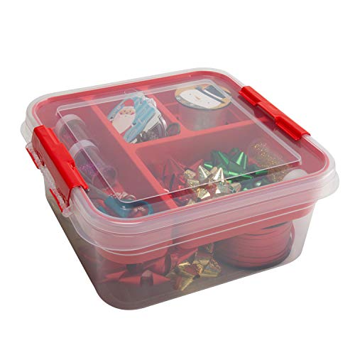 Simplify 5 Compartment Gift Supply Storage Box 2 Tier Box Red Clear Top Lid Dimensions 95x 95x 45 Snap Handle Storage Wrapping Accessories