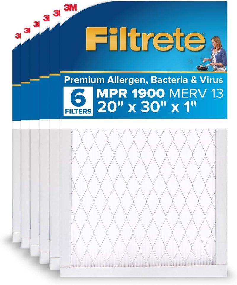 FILTRETE 20x30x1 AC Furnace Air Filter, MERV 13, MPR 1900, Premium Allergen, Bacteria & Virus Filter, 3-Month Pleated 1-Inch Electrostatic Air Cleaning Filter, 6-Pack (Actual Size 19.81x29.81x0.78 in) - Image 1