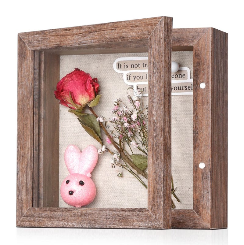 Califortree 5x5 Small Shadow Box Frame with Linen Back  Sturdy Rustic Memory Display Case of Flower Pictures Medals and More Rustic Brown 