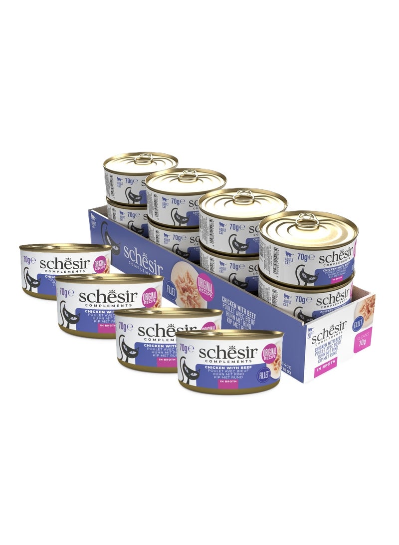 شيسر شيزر - عبوة من 12 طعامًا رطبًا للقطط في مرق - دجاج ولحم بقري، 12 × 70 جم - Image 1