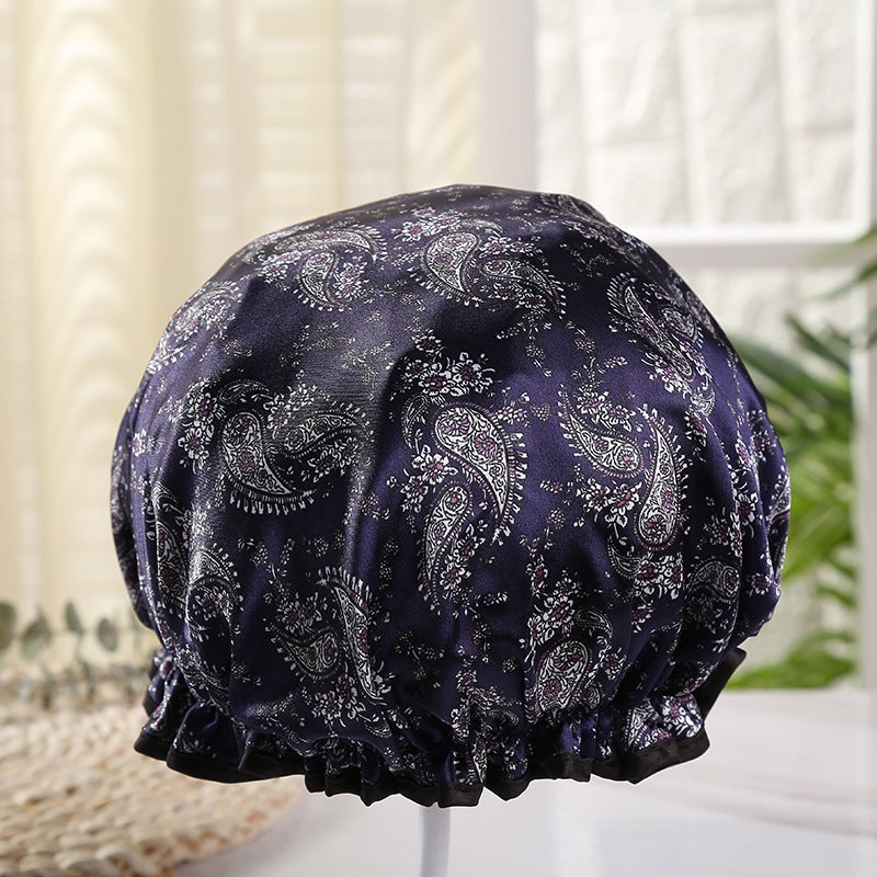 Adult Double Layer Eco-friendly PEVA Printed Sander Waterproof High Quality Shampoo Shower Cap Anti-oil Smoke Amazon Cross Border Totem Navy 