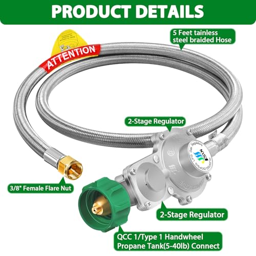 GGC 5FT Two Stage Propane Regulator with Stainless Braided Hose, Dual Stage Propane Hose with QCC1/Type1 Connector for Gas Grills RV Appliance Generator - Image 2