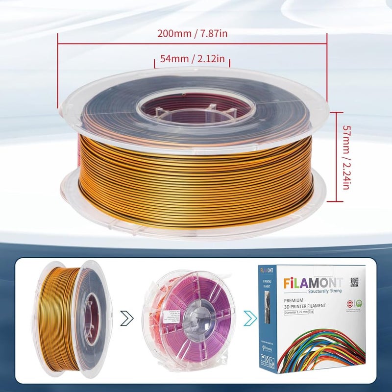 Protomont TECHNOLOGIES FiLAMONT PLA Silk Filament 1.75mm, 3D Printer Filament, Shiny Silk 1.75 PLA Filament, 1kg(2.2Lbs)/Spool (TRI Silk RED Gold Black) - Image 5
