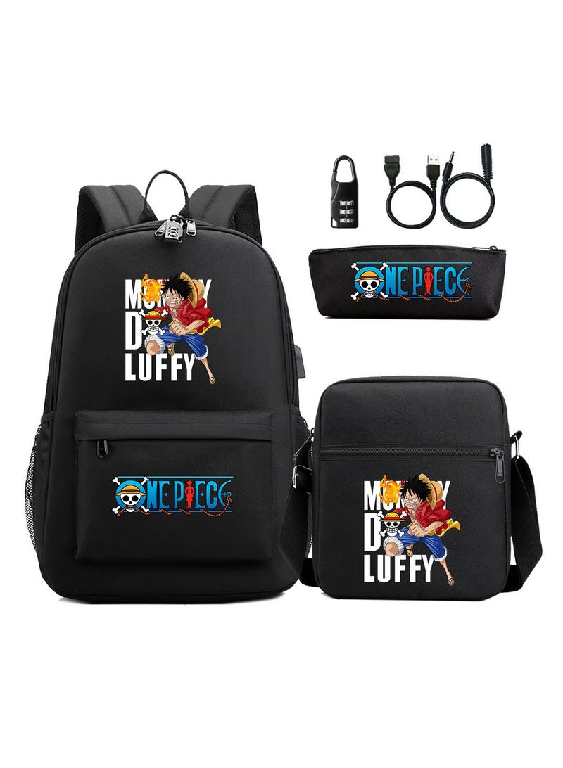 Comic USB password lock backpack three-piece set 