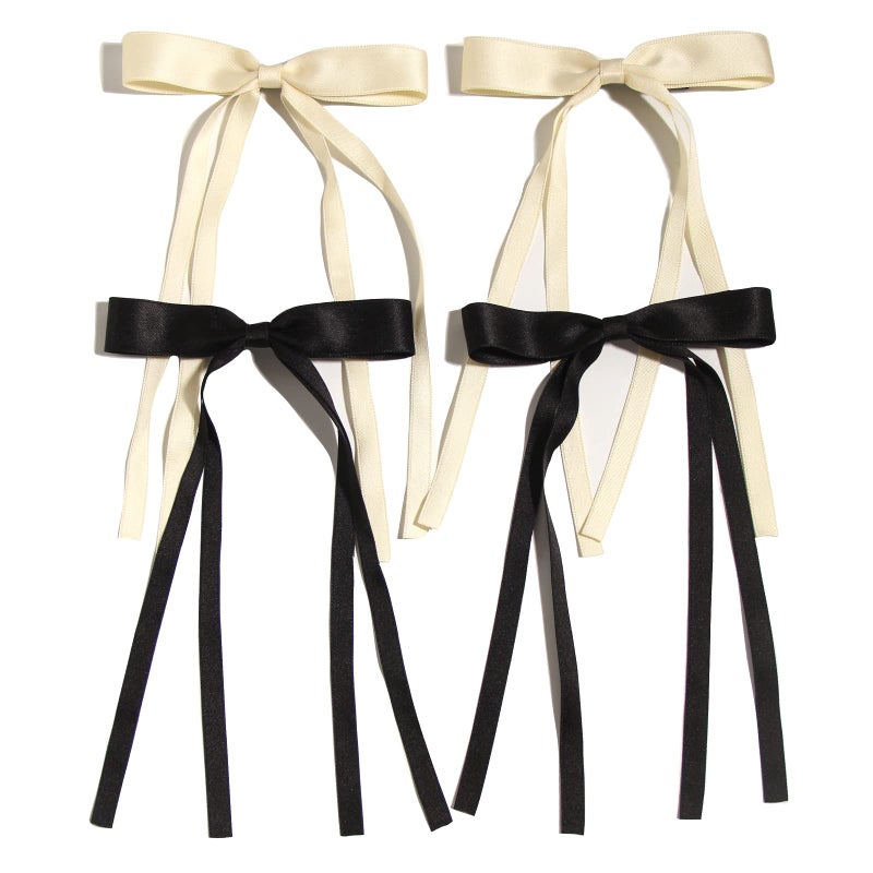LFOUVRE 4pcs Hair Clips for Women Tassel Ribbon Bowknot With Long Tail, Clip Girl, Solid Accessories Barrettes Claw Bow (Black&Beige) - Image 1