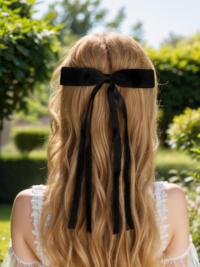 LFOUVRE 4pcs Hair Clips for Women Tassel Ribbon Bowknot With Long Tail, Clip Girl, Solid Accessories Barrettes Claw Bow (Black&Beige) - Image 2