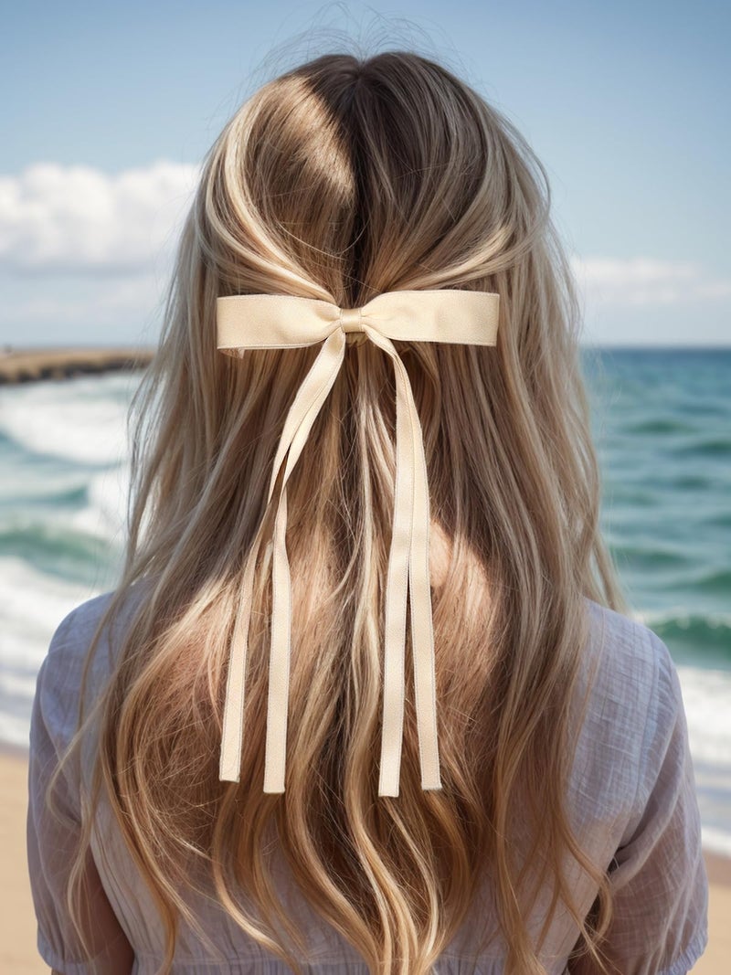 LFOUVRE 4pcs Hair Clips for Women Tassel Ribbon Bowknot With Long Tail, Clip Girl, Solid Accessories Barrettes Claw Bow (Black&Beige) - Image 5