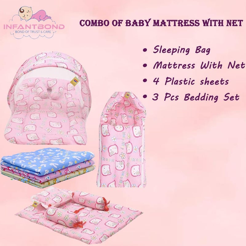 Infantbond Combo of Baby Mattress with Net Sleeping Bag 4 Pcs Bedding Set 4 Waterproof Sheets06 MonthsPID Kitty Pink - Image 2