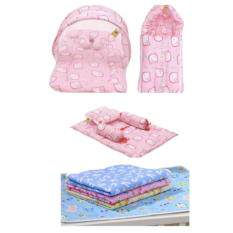 Infantbond Combo of Baby Mattress with Net Sleeping Bag 4 Pcs Bedding Set 4 Waterproof Sheets06 MonthsPID Kitty Pink - Image 1