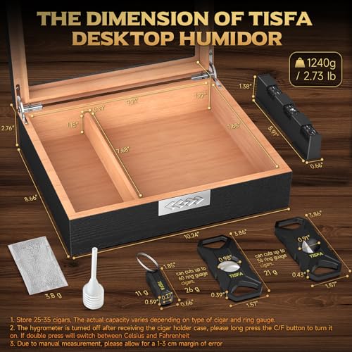 TISFA Cigar Humidor Box Cigar Accessories Set, Includes V Cutter, Straight Cutter, Hole Punch, Digital Hygrometer, Adjustable Humidifier, Divider, Cedar Wood Desktop Humidor Airtight Cigar Case - Image 2