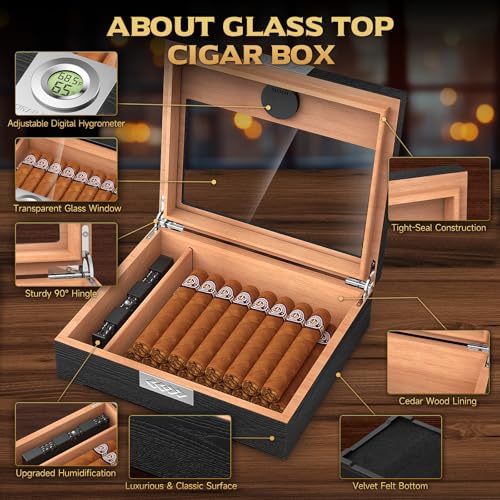 TISFA Cigar Humidor Box Cigar Accessories Set, Includes V Cutter, Straight Cutter, Hole Punch, Digital Hygrometer, Adjustable Humidifier, Divider, Cedar Wood Desktop Humidor Airtight Cigar Case - Image 3