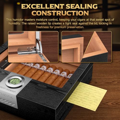 TISFA Cigar Humidor Box Cigar Accessories Set, Includes V Cutter, Straight Cutter, Hole Punch, Digital Hygrometer, Adjustable Humidifier, Divider, Cedar Wood Desktop Humidor Airtight Cigar Case - Image 4