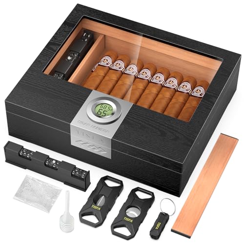TISFA Cigar Humidor Box Cigar Accessories Set, Includes V Cutter, Straight Cutter, Hole Punch, Digital Hygrometer, Adjustable Humidifier, Divider, Cedar Wood Desktop Humidor Airtight Cigar Case - Image 1