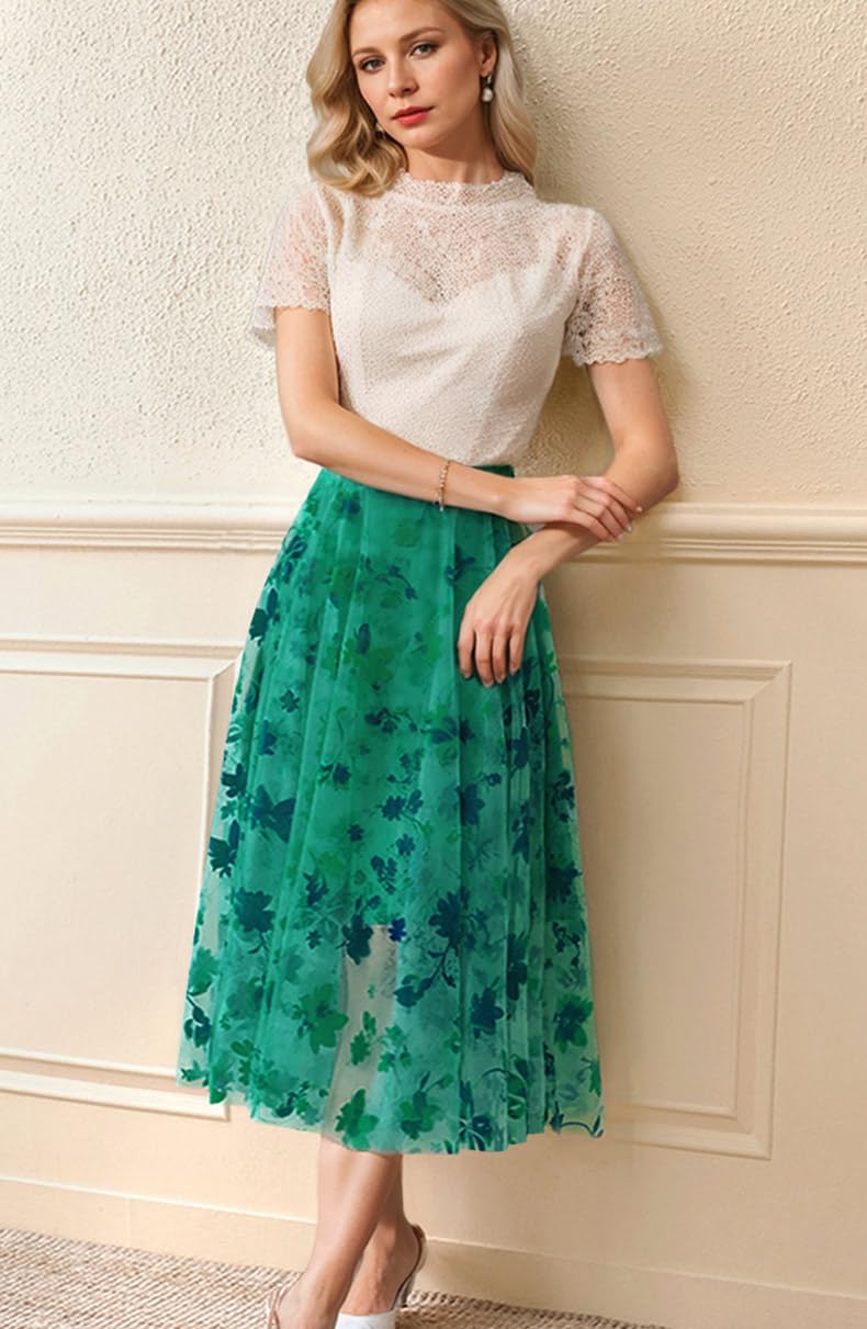 Reaowazo Skirts for Women Midi Long Length Dressy Casual Trendy Summer Tulle A-Line Floral High Waist Skirt Green L-XL - Image 3