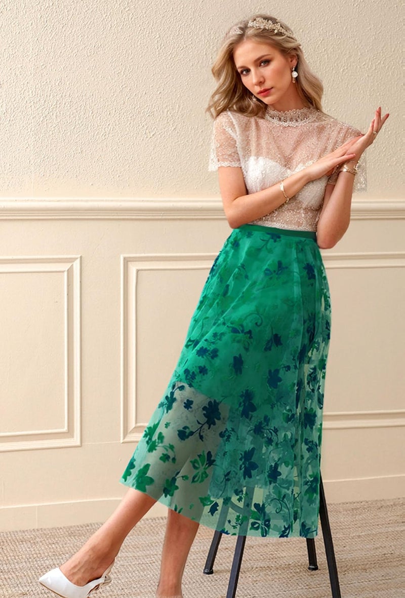 Reaowazo Skirts for Women Midi Long Length Dressy Casual Trendy Summer Tulle A-Line Floral High Waist Skirt Green L-XL - Image 2