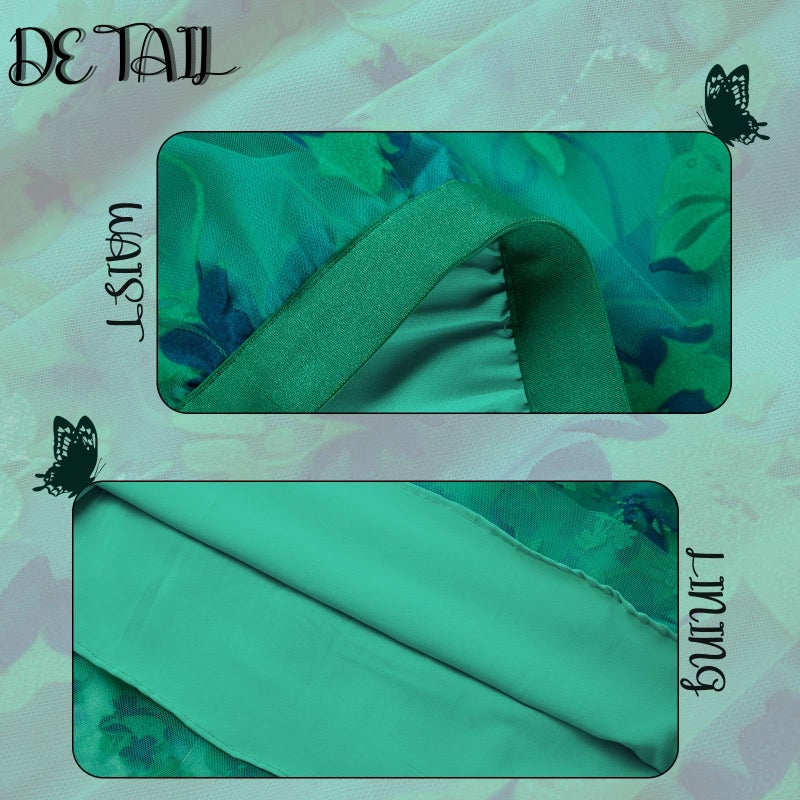 Reaowazo Skirts for Women Midi Long Length Dressy Casual Trendy Summer Tulle A-Line Floral High Waist Skirt Green L-XL - Image 5