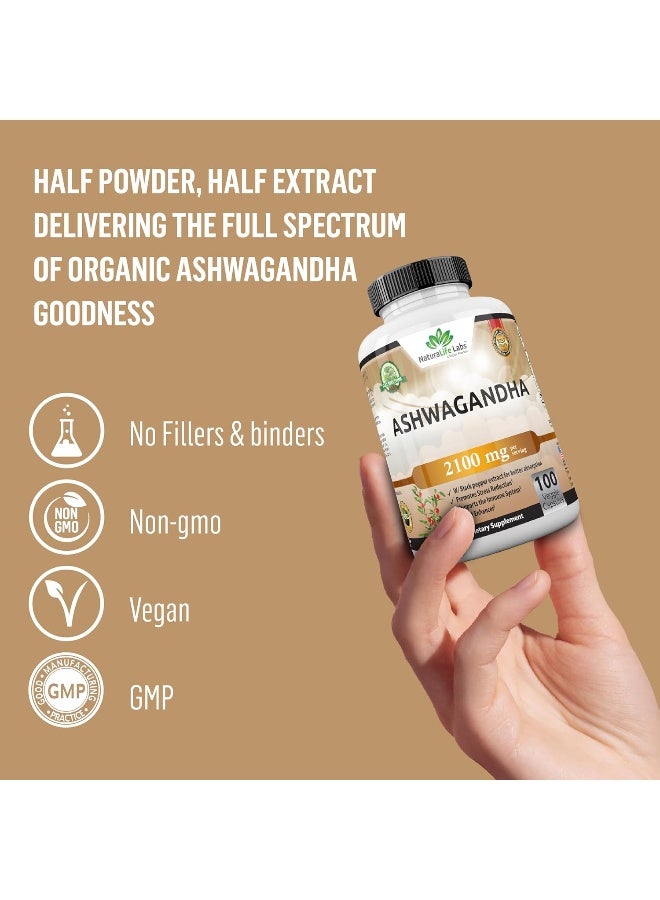 NaturaLife Labs Organic Ashwagandha 2,100 mg - 100 Vegan Capsules - Image 3