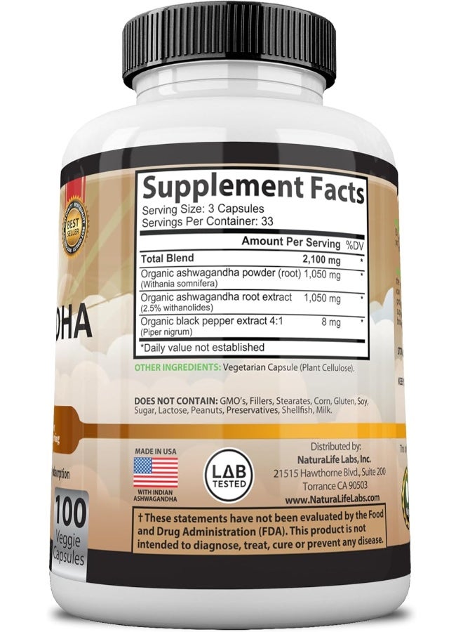 NaturaLife Labs Organic Ashwagandha 2,100 mg - 100 Vegan Capsules - Image 4