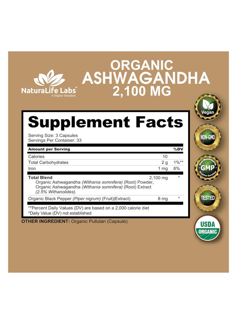 NaturaLife Labs Organic Ashwagandha 2,100 mg - 100 Vegan Capsules - Image 2