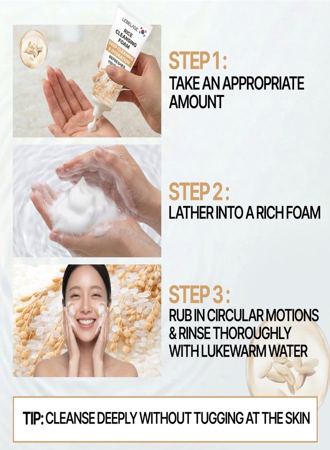 LEBELAGE Korean Rice Facial Cleanser 3.38 oz | Cleansing Foam Face Wash | Low pH Gentle Hydrating Daily Facial Cleanser Sensitive Skin | Deep Cleansing Foaming Cleanser, Pore Care-All Skin Types - Image 5