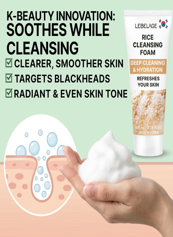 LEBELAGE Korean Rice Facial Cleanser 3.38 oz | Cleansing Foam Face Wash | Low pH Gentle Hydrating Daily Facial Cleanser Sensitive Skin | Deep Cleansing Foaming Cleanser, Pore Care-All Skin Types - Image 3