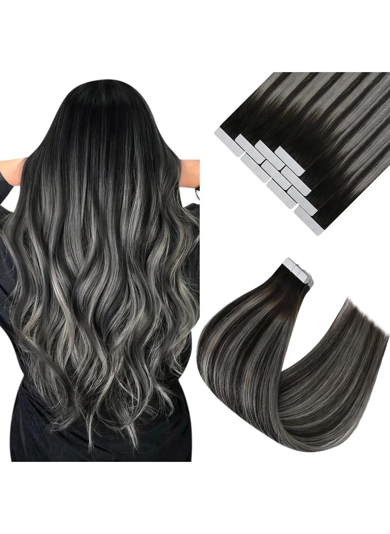 Ve Sunny Ve Sunny Tape in Hair Extensions Human Hair Black Highlight Silver Balayage Human Hair Extensions for Women Invisible Tape in Hair Extensions 25g 10pcs 16inch 