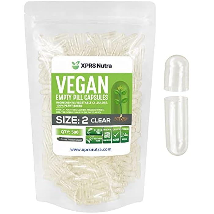 XPRS Nutra Size 2 Empty Capsules - 500 Clear Empty Vegan Capsules - Vegetarian Pill - Do-It-Yourself Vegetable Caps Filling for Supplements and Vitamins - Veggie Pills - Image 1