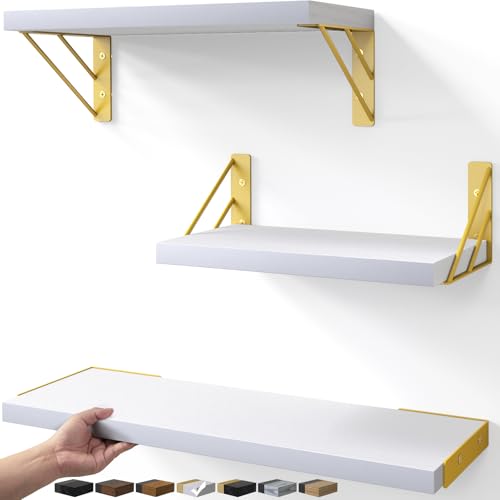BAYKA Wall Shelves for Bedroom Decor Floating Wall Shelves for Living Room Kitchen Storage Wall Mounted Rustic Wood Shelves for Kids BooksCorner Shelves for BathroomWhite and GoldSet of 3