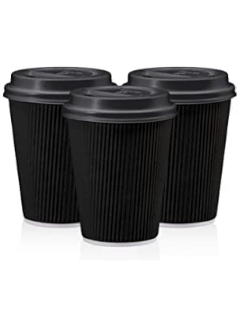 MARKQ [25 Sets] 8 oz. Black Disposable Coffee Cups with Lids - Triple Wall Ripple Paper Cups for Hot & Cold Drinks  - Image 1