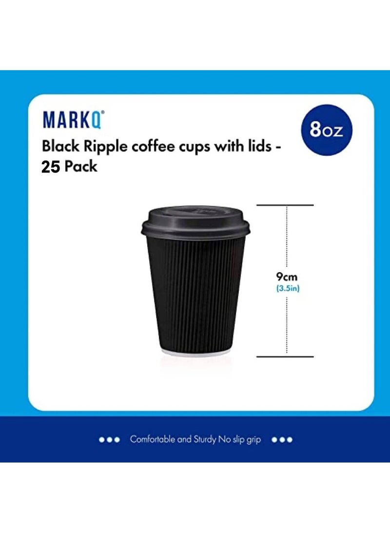 MARKQ [25 Sets] 8 oz. Black Disposable Coffee Cups with Lids - Triple Wall Ripple Paper Cups for Hot & Cold Drinks  - Image 2
