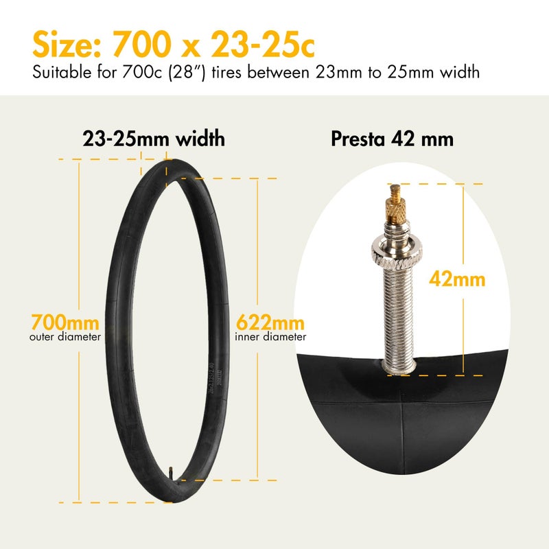 LotFancy 700x23c/25c Bike Tubes, 42mm Presta Valve, 2 Pcs 700x25c 700x23c 23-622 25-622 Road Bike Tubes - Image 2