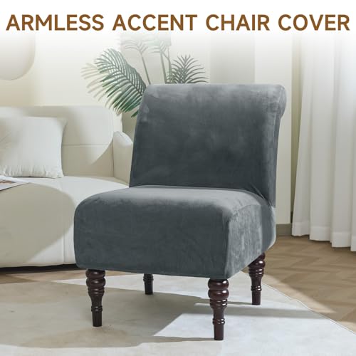 XIAROGEE Velvet Armless Accent Chair Cover, Soft Stretch Accent Chair Slipcovers Without Arms Removable Armless Chair Furniture Protector Covers for Living Room/Dining Room/Hotel (Dark Grey, 1) - Image 3