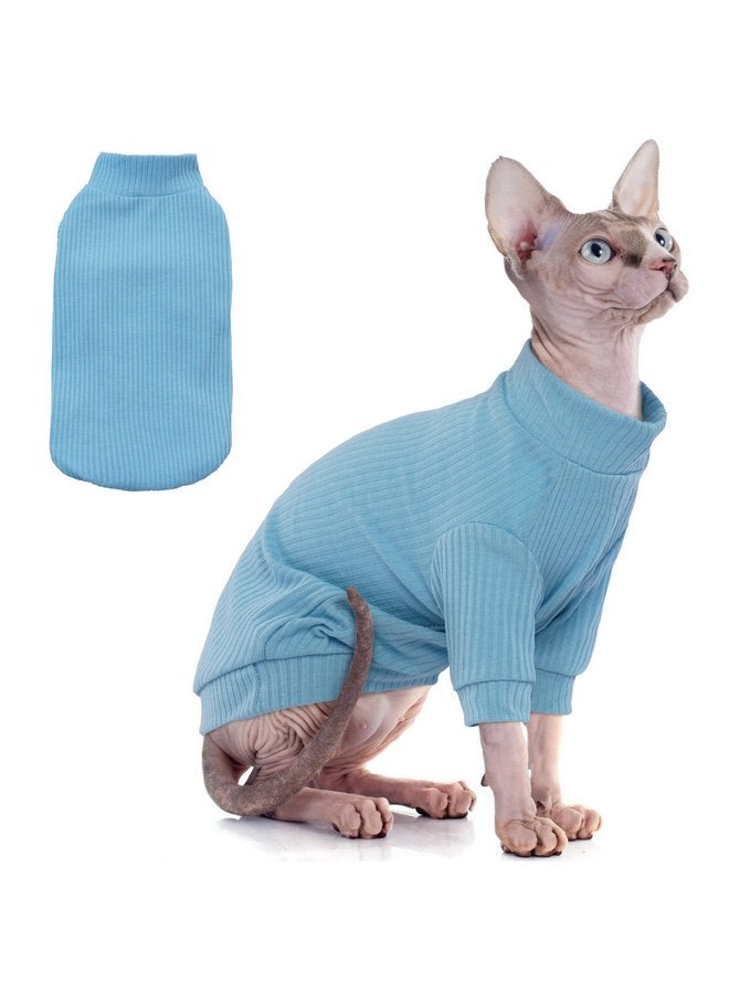 بوماي بوريتي ملابس قطط PUMYPOREITY، قميص قطط مطاطي، سترة قطط بأكمام، ملابس قطط سفينكس، قمصان قطط ناعمة للقطط فقط، بيجامة قطط من الصوف لقطط سفينكس عديمة الشعر، ديفون ريكس، أزرق، مقاس صغير - Image 1