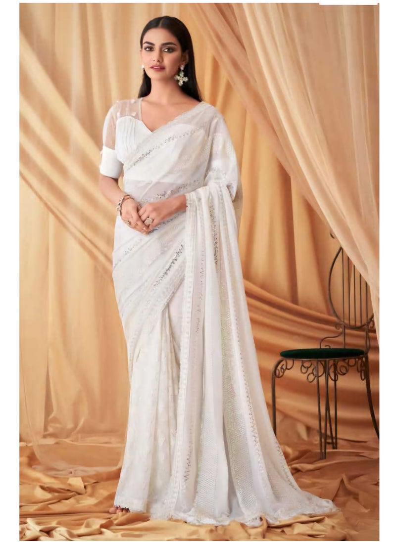 Grab Mantra Pure Georgette White Silk Saree With Sequence Work And Border Plus Designer Net Fancy Unstitched Blouse  - Image 2