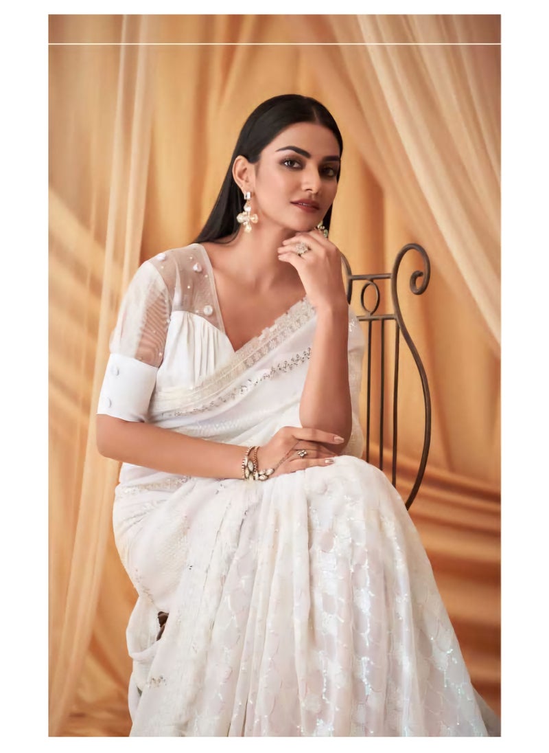 Grab Mantra Pure Georgette White Silk Saree With Sequence Work And Border Plus Designer Net Fancy Unstitched Blouse  - Image 3