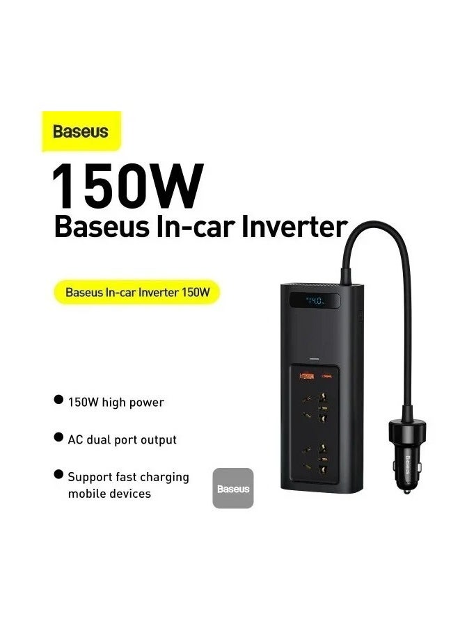 بيسوس توصيلة سيارة بيسوس بقوة 150 واط و220 فولت بمنفذ تايب سي ومنفذ USB ومنفذين طاقة - اسود  - Image 2