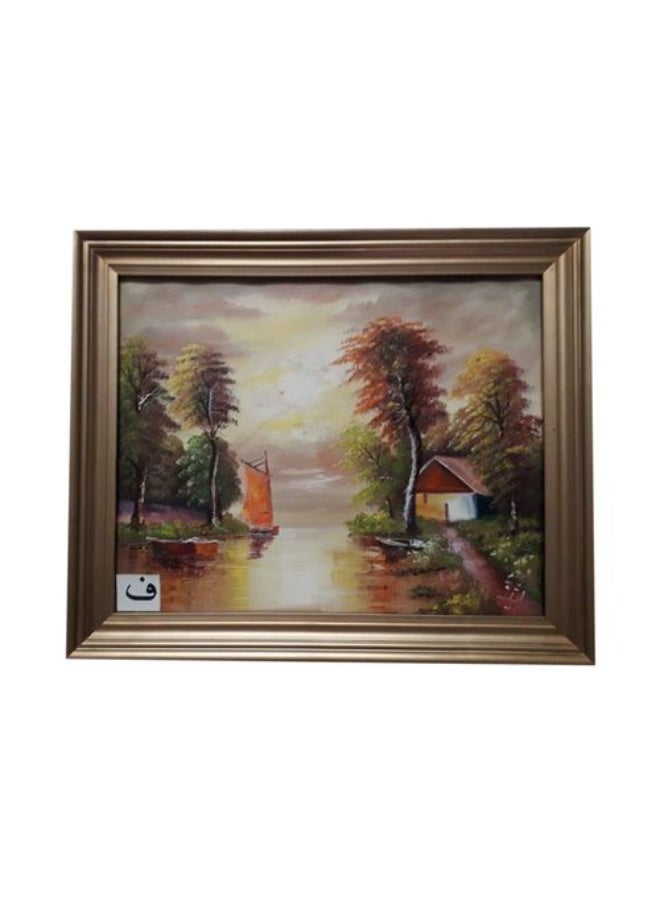 تابلوه منظر طبيعى زيت رسم باليد من روائع الفن فريم خشب طبيعى ذهبى مقاس 48 × 58 سم